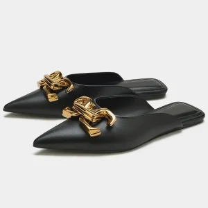 Women’s Pointed Toe Closed Toe Mule Slides Breathable Summer Slippers with Gold Buckle OEM ODM Supported 5 Colors
