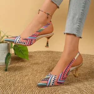 Women’s Pointed Toe Color Blocked Stiletto Sandals Summer High Heels with Tropical Stripes Comfortable Sexy Party Shoes