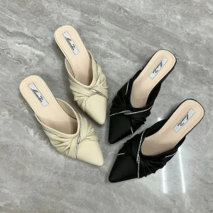 Women’s Pointed Toe High Heel Mules Summer Closed Toe Thick Heel Single-layer Shoes PU Upper Rubber