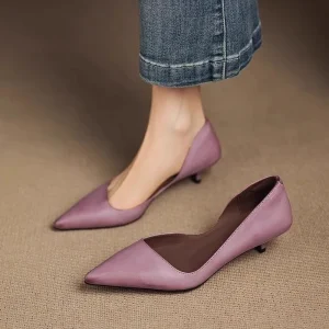 Women’s Pointed Toe Kitten Heel Pumps V-cut Suede Leather Minimalist Office & Daily Casual Dress Shoes