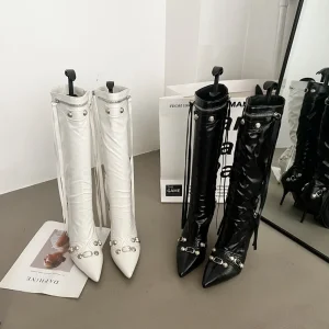 Women’s Pointed Toe Knee High Zip Boots Autumn Winter High Heel Motorcycle Side Zipper