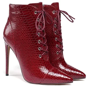 Women’s Pointed Toe Lace Up Genuine Leather Work Boots Ankle Booties High Heel Shoes