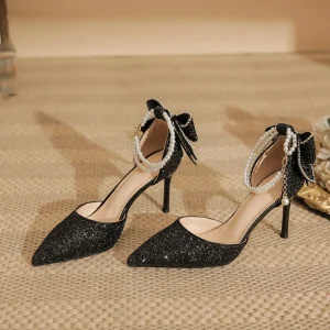 Women’s Pointed Toe Low Cut Stiletto Pumps Black Glitter Pearl Ankle Strap Bowknot Party Wedding