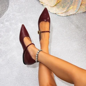 Women’s Pointed Toe Mary Jane Flats PU Leather Hidden Wedge Heel Burgundy Buckle Strap Dress Shoes for Office & Casual