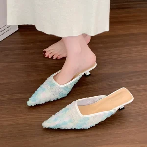 Women’s Pointed Toe Mules, Gradient 3D Floral Mesh Kitten Heel Slides, Elegant Summer Casual Dress Sandals for Ladies
