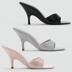 Women’s Pointed Toe Mules Open Toe Rhinestone One Strap Slide Slippers for Outdoor Wear