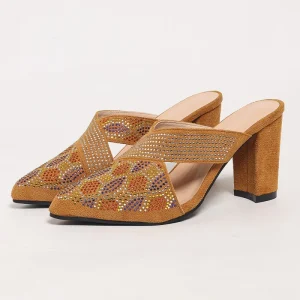 Women’s Pointed Toe Mules for Party Wedding Size 35-42 Chunky Heel Rhinestone Embellished Slip-On Sandals