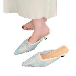 Women’s Pointed Toe Outdoor Mules Gradient 3D Floral Mesh Stiletto Heel Slides PU Lining Elegant Summer Casual Dress Sandals