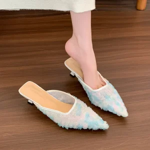 Women’s Pointed Toe Outdoor Mules Gradient Floral Mesh Stiletto Heel Slides Elegant Summer Casual Dress Sandals