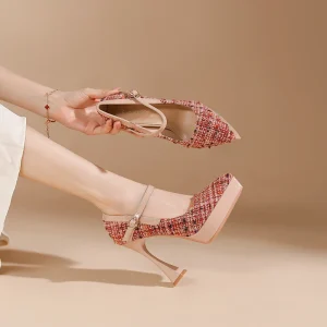 Women’s Pointed Toe Pumps Fashion Stiletto Heels Slip On Buckle Design Canvas Upper 12cm Elegant Dress Shoes