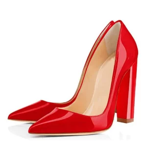 Women’s Pointed Toe Red Patent Leather Chunky Heel Party Dress Shoes High Heel Pumps for Ladies Big Size Dance Shoe