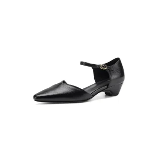 Women’s Pointed Toe Sexy Low Thick Heel Genuine Leather Summer Sandals with Cushioning for Leisure