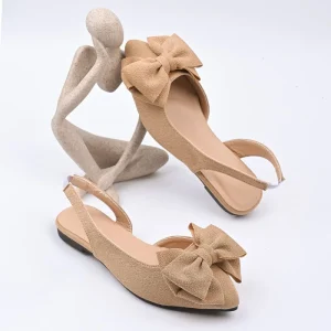 Women’s Pointed Toe Slingback Flats Beige Fabric Bow Decor Flat Sandals for Casual Daily Plus Size 35-43