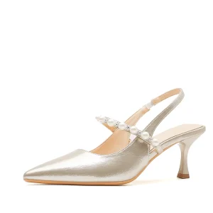 Women’s Pointed Toe Slingback Heels Pearl Strap Thin Heel for Wedding Daily Wear