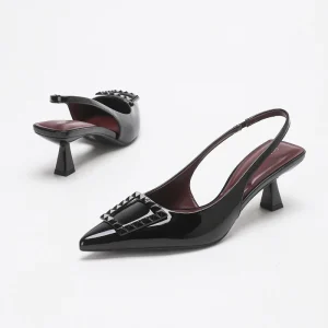 Women’s Pointed Toe Slingback Kitten Heels Black Patent Leather Pumps with PU Lining Elegant for Office Wedding Party