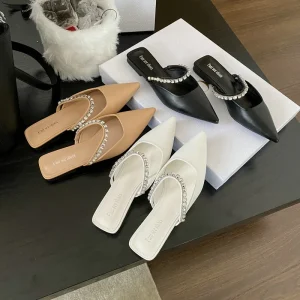 Women’s Pointed Toe Slip On Sandals PU Leather Comfy Mules Flats Slippers Pumps