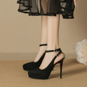 Women’s Pointed Toe Spike Heels Waterproof Platform Thick Sole Velvet Upper Formal Shoes Buckle Strap