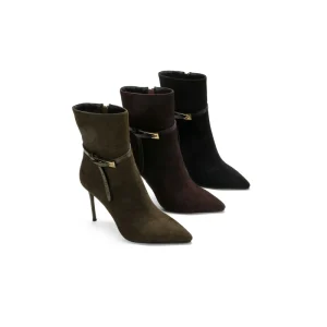 Women’s Pointed Toe Stiletto Heel Ankle Boots Suede Footwear with Buckle Strap for Party Date Night Office Commute