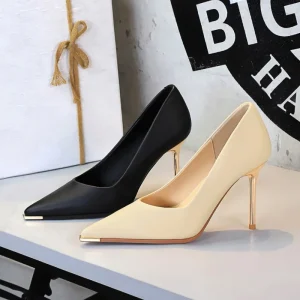 Women’s Pointed Toe Stiletto Heel Pumps High Heels with Gold Metal Cap for Office Party Dressy Shoes