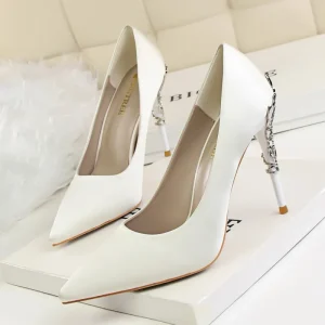 Women’s Pointed Toe Stiletto Heel Pumps Satin Rhinestone Decorated Elegant Party Dressy High Heels