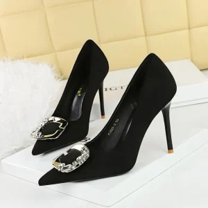 Women’s Pointed Toe Stiletto Heel Pumps Suede Rhinestone Banquet Party Dressy High Heels