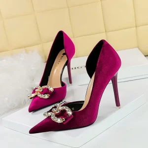 Women’s Pointed Toe Stiletto Heel Pumps Velvet D’Orsay Cut Rhinestone Elegant Party Dressy High Heels