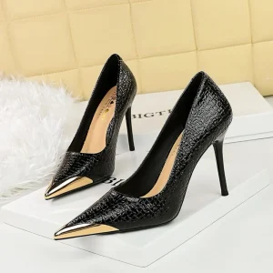 Women’s Pointed Toe Stiletto Heel Pumps With Glitter Upper Gold Metal Tip High Heels For Party Dressy