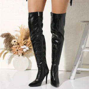 Women’s Pointed Toe Thin Heeled Over the Knee PU Leather Boots Tight and Warm for Autumn and Winter