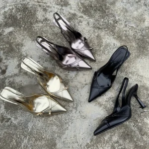Women’s Pointed-toe Buckle PU Lining Slingback Sandals Stiletto Heel Cross-strap Elegant