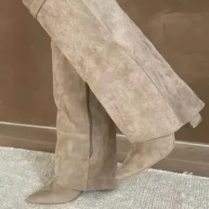 Women’s Pointed-toe Wide-leg Straight-cut Metal-buckle Mid-calf Boots Plus Size, Chunky Heel Trouser-length Boots