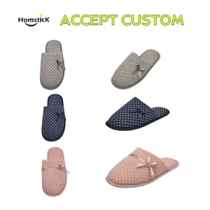 Women’s Polka Dot Bowknot Slippers Soft Fabric Indoor Home Footwear Comfortable Multi-Season Slip On Shoes for Ladies