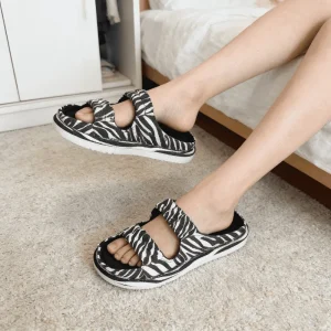 Women’s Polyester Double Strap Slippers Comfortable Anti-Slip Indoor Home Shoes Zebra Check Print for Summer