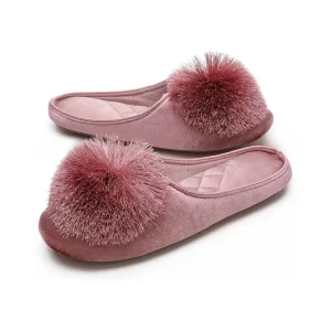 Women’s Portable Indoor Bedroom Slippers with Fluffy Pom pom Sexy Soft House Shoes with TPR Sole Ballet Style Slippers