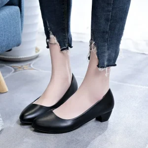 Women’s Professional High Heeled Black Leather Sole Soft Surface Tooling Shoes Interview Work