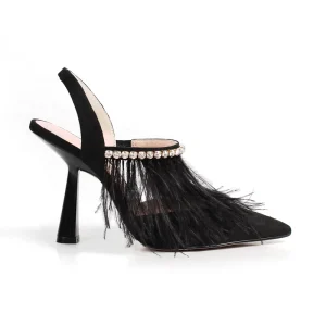 Women’s Pumps Black Pointed Toe High Heel Dress Shoes Tassel Slingback Lady Shoes Custom Suede Upper Light Spring