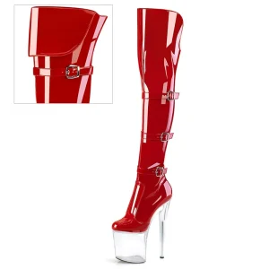 Women’s Punk Gothic Toe Show Platform Strip Pole Dance Knee Boots Big Size 20cm Belt Buckle Crystal Bottom Models for Winter
