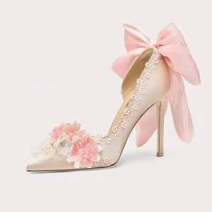 Women’s Pure Color Banquet Champagne Pink Bowknot Pointed Toe Stiletto Bridal Women Wedding Shoes