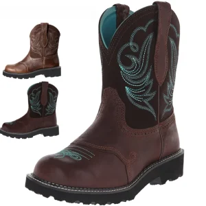 Women’s Quality Embroidered Cowboy Boots for Autumn and Winter Leather Mid with Fur Lining