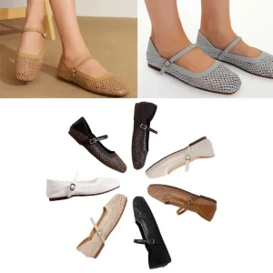 Women’s Raffia Mary Jane Flats Square Toe Flat Heel Sandals with Leather Strap & Buckle Casual Office Dress Shoes