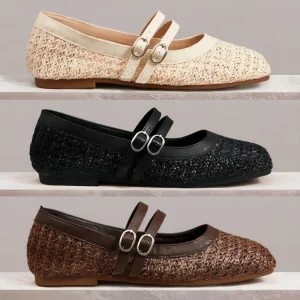 Women’s Raffia Woven Mary Jane Flats Square Toe Buckle Strap Flats Breathable Retro Casual Beach and Daily Dress Shoes