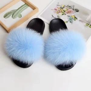 Women’s Real Fox Fur Anti Slip Breathable Slides Cute Fluffy House Slipper Flat Sandals for Home Use Height Increasing Spring