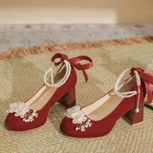 Women’s Red Diamond Bow Mary Jane High Heels Thick Heel Velvet Wedding Shoes Bridesmaid Shoes