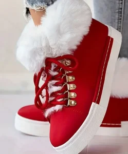 Women’s Red High Top Sneakers Faux Fur Collar Gold Metal Buckles Lace Up White Sole Stylish Warm Daily Footwear