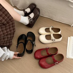 Women’s Red Mary Jane Flats French Style Round Toe Soft Sole Insole Height Increasing