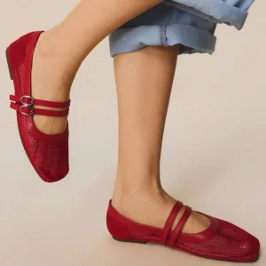 Women’s Red Mesh Mary Jane Flats Square Toe Double Buckle Strap Flats Breathable Retro Casual Daily Dress Shoes