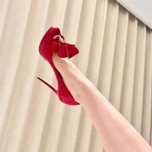 Women’s Red Patent Leather Thin Heels Peep Toe Super High Arch Support Sock Closure Bridal Wedding Shoes Plus Size Leopard Bow