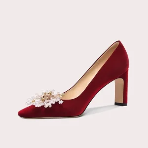 Women’s Red Pumps Wedding Shoes Champagne Sequins High Heels Bridal Slip-on Design Large Sizes for Summer