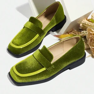 Women’s Retro Autumn Winter Chunky Heel Suede Green Square Toe Thick High Heel Loafers Office Wear Plus Size Slip On Shoes