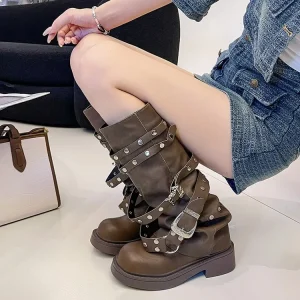 Women’s Retro Brown Denim Knee High Boots Button Closure Round Toe