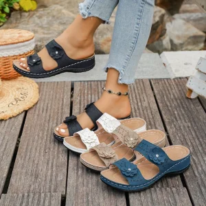 Women’s Retro Casual Flower Wedge Slippers Cross Border Trade Plus Size Spring Summer New One Strap Platform Design